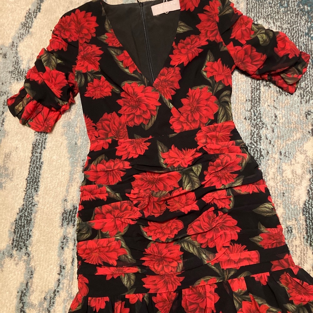 Keepsake The Label ruched red floral and black midi dress.